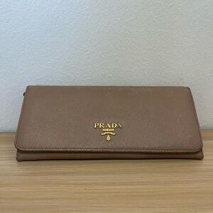 Prada Saffiano Continental Wallet in Taupe Brown with Gold Logo